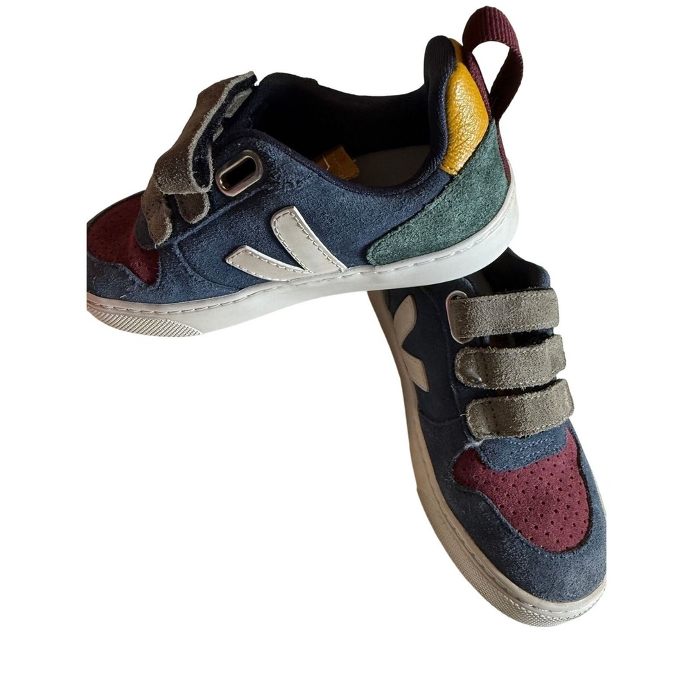 Veja V-10 Kids Multi-Color Suede Velcro Low Top Sneakers Navy Burgundy Sz 12.5